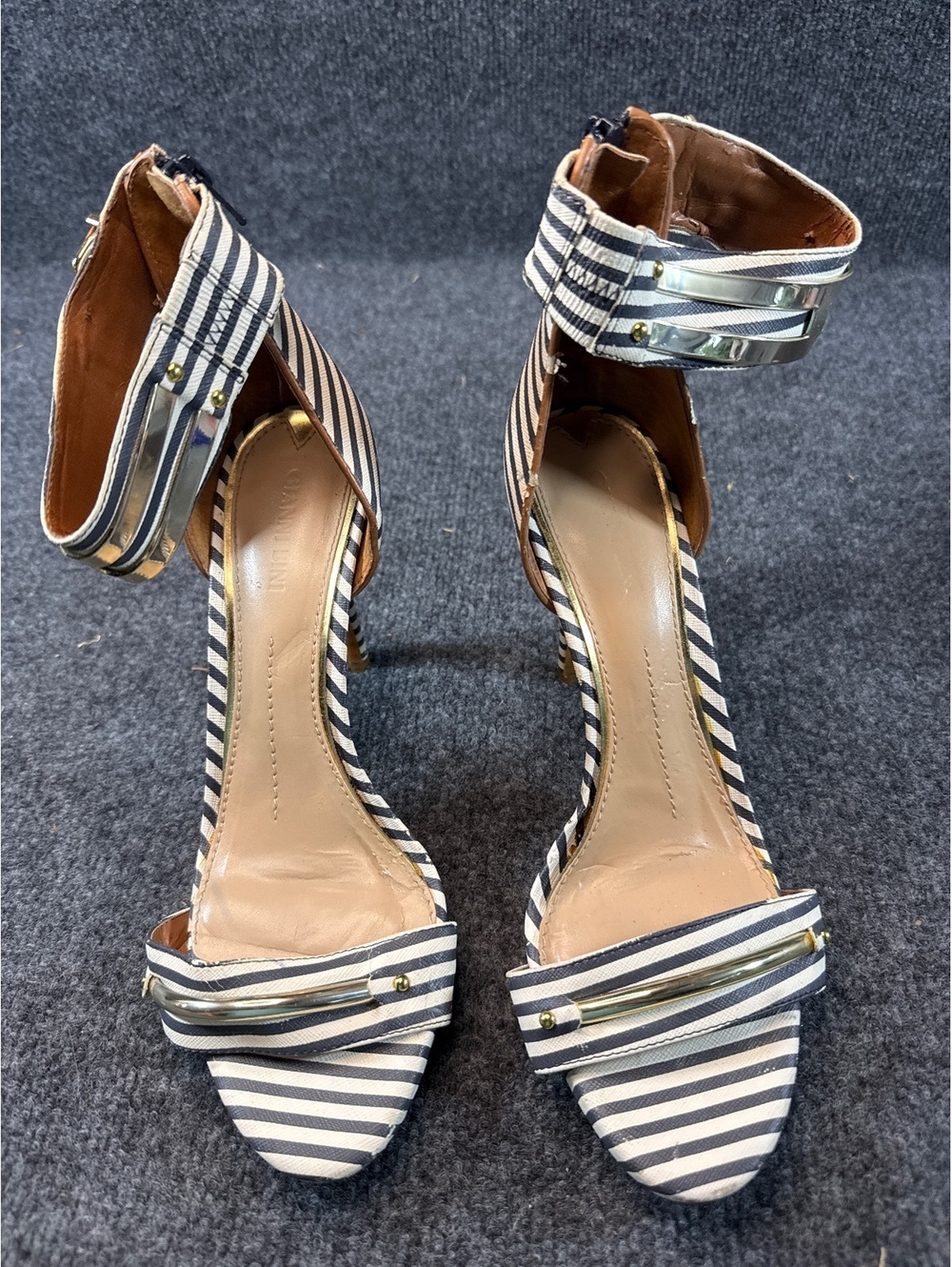 Gianni Bini Womens 9M Black White Stripe Ankle Strap High Heel Sandals